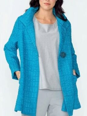 IC Collection Jaquard Jacket Single Button Closure Textured Blazer Lagenlook NWT